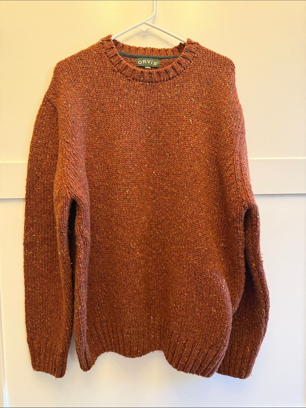 Orvis Men’s 100% Wool Size L Donegal Fleck Rust Oversized Crewneck Sweater